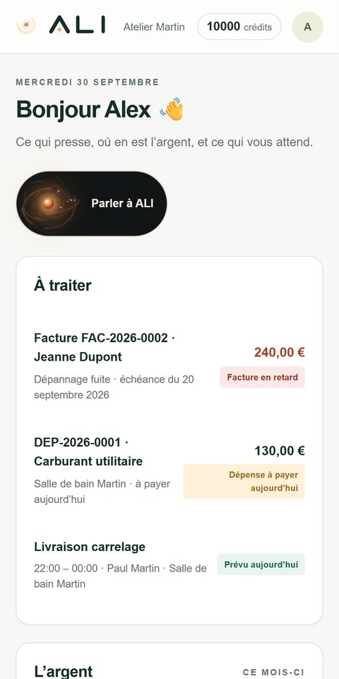 Écran d’accueil d’ALI : ce qui est à traiter aujourd’hui et l’argent du mois.