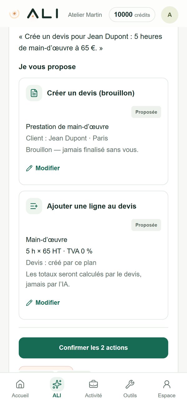 Écran d’ALI : « Je vous propose » — Créer un devis (brouillon) pour Jean Dupont, puis Ajouter une ligne : main-d’œuvre, 5 h × 65 € HT. Bouton « Confirmer les 2 actions ».