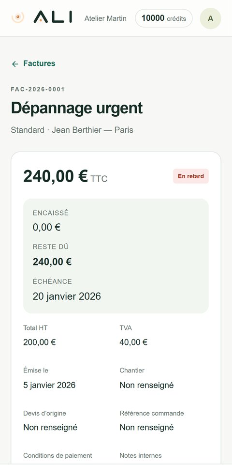 Écran Facture d’ALI : Dépannage urgent, 240,00 € TTC, en retard, reste dû et échéance.