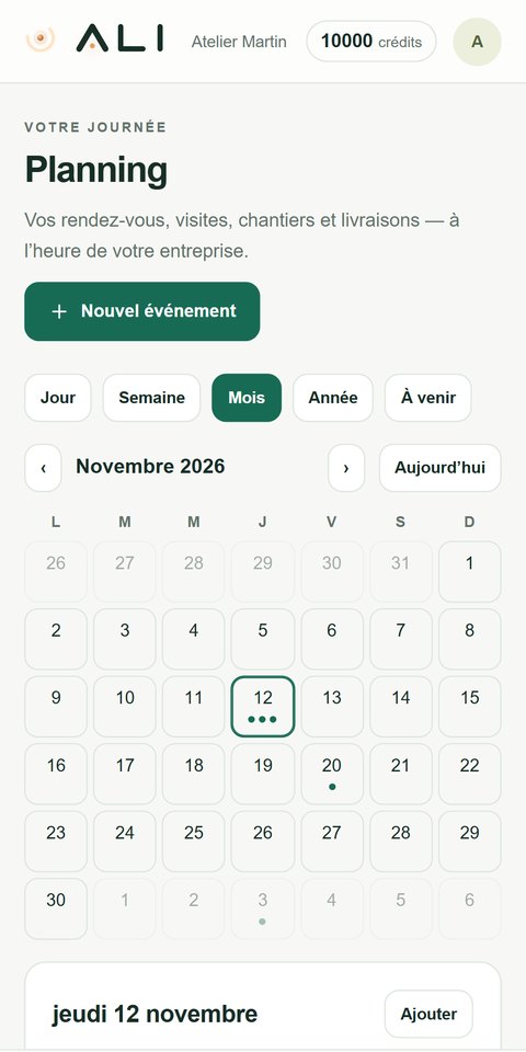 Écran Planning d’ALI : vue du mois de novembre 2026, rendez-vous et visites.