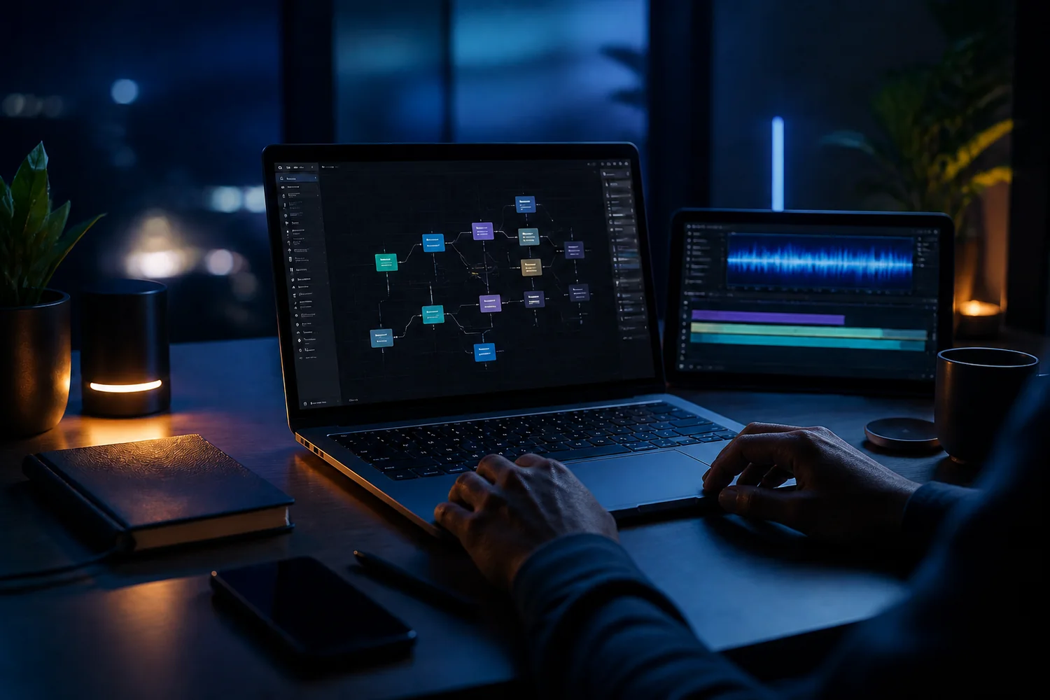Bureau de création tech avec ordinateur, workflow visuel et contenu en préparation