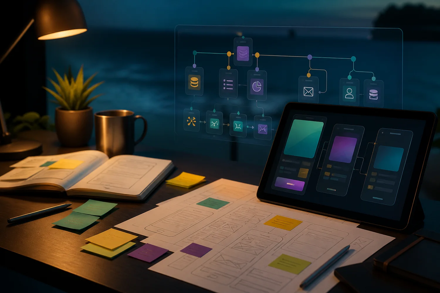 Croquis d'interface et schéma de workflow sur un bureau
