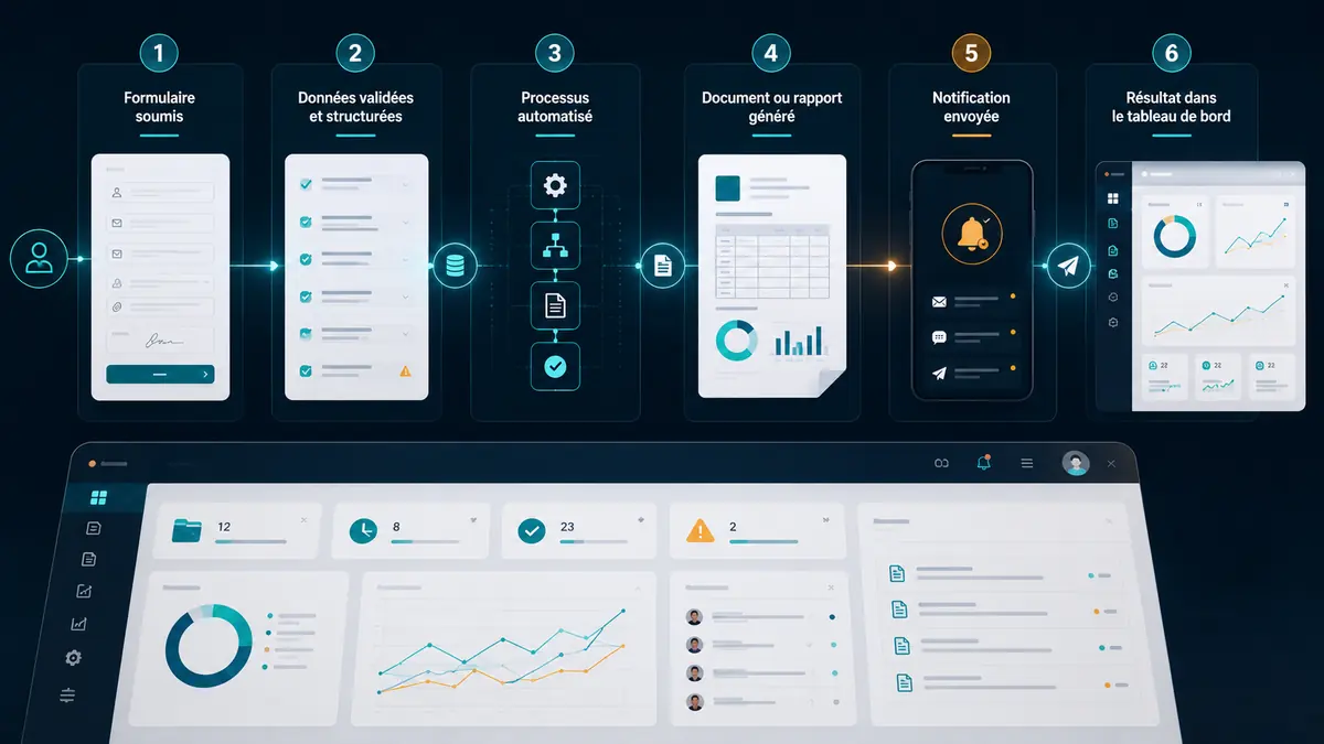Chaîne en six étapes : formulaire soumis, données validées et structurées, processus automatisé, document ou rapport généré, notification envoyée, résultat dans le tableau de bord.