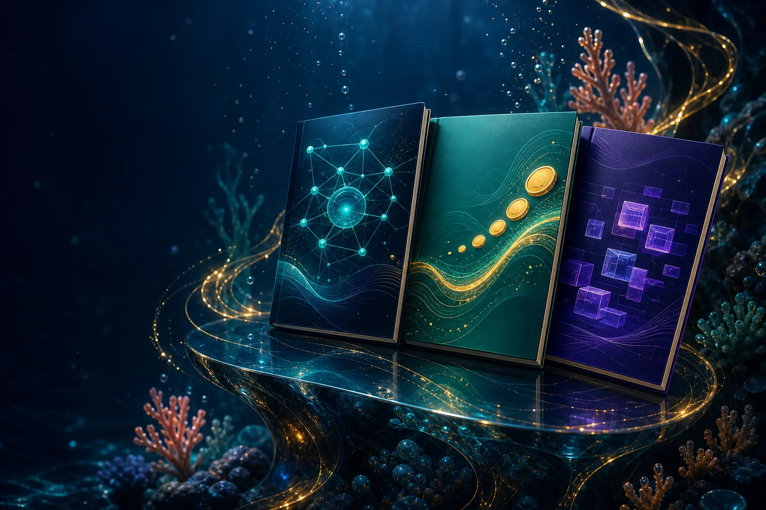 Trois carnets Nami Quest illustrés dans un décor sous-marin lumineux